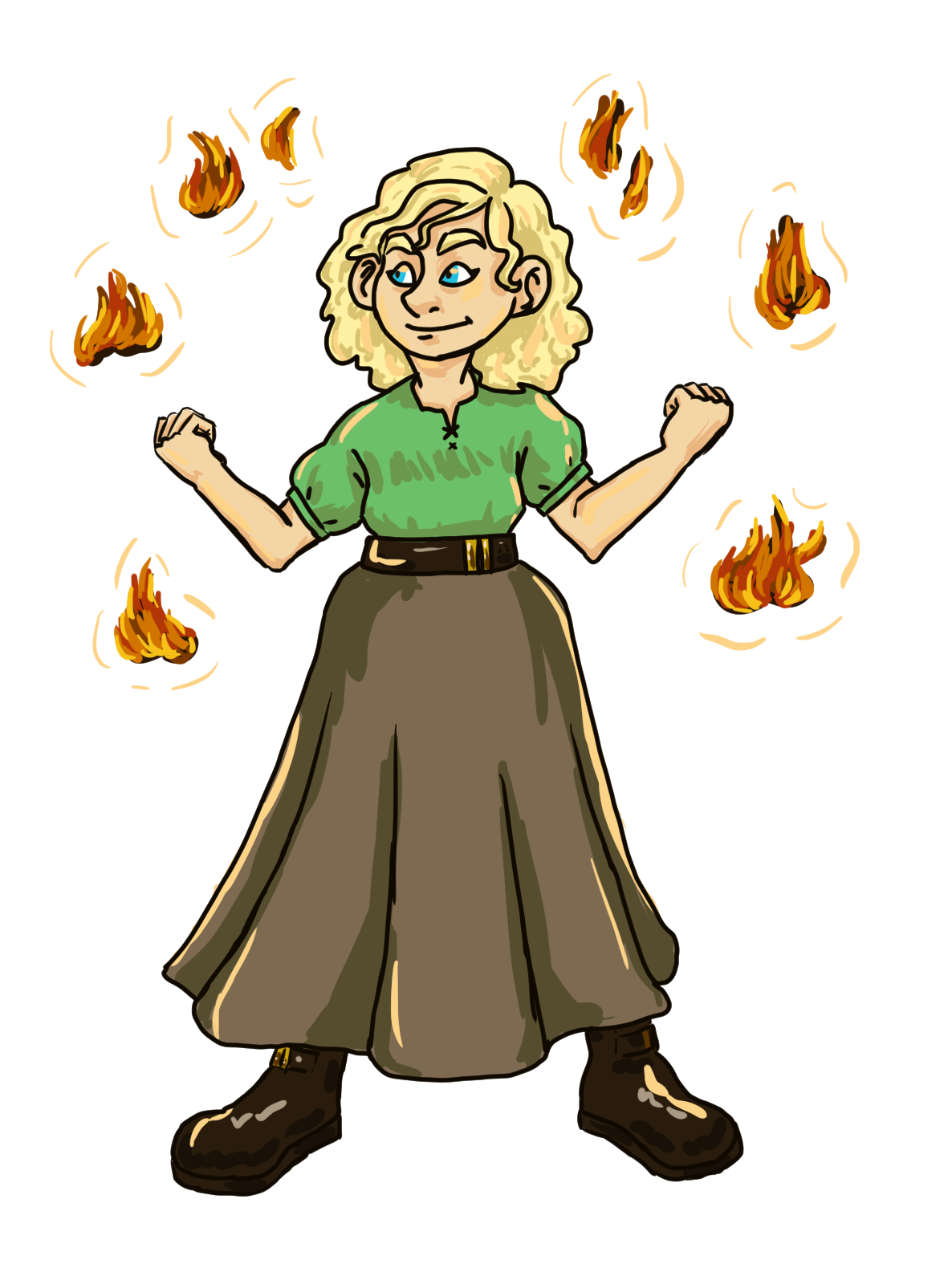 Digital drawing of a young, light-skinned blonde woman, standing surrounded by small flames. She is wearing a green top and a light brown skirt.